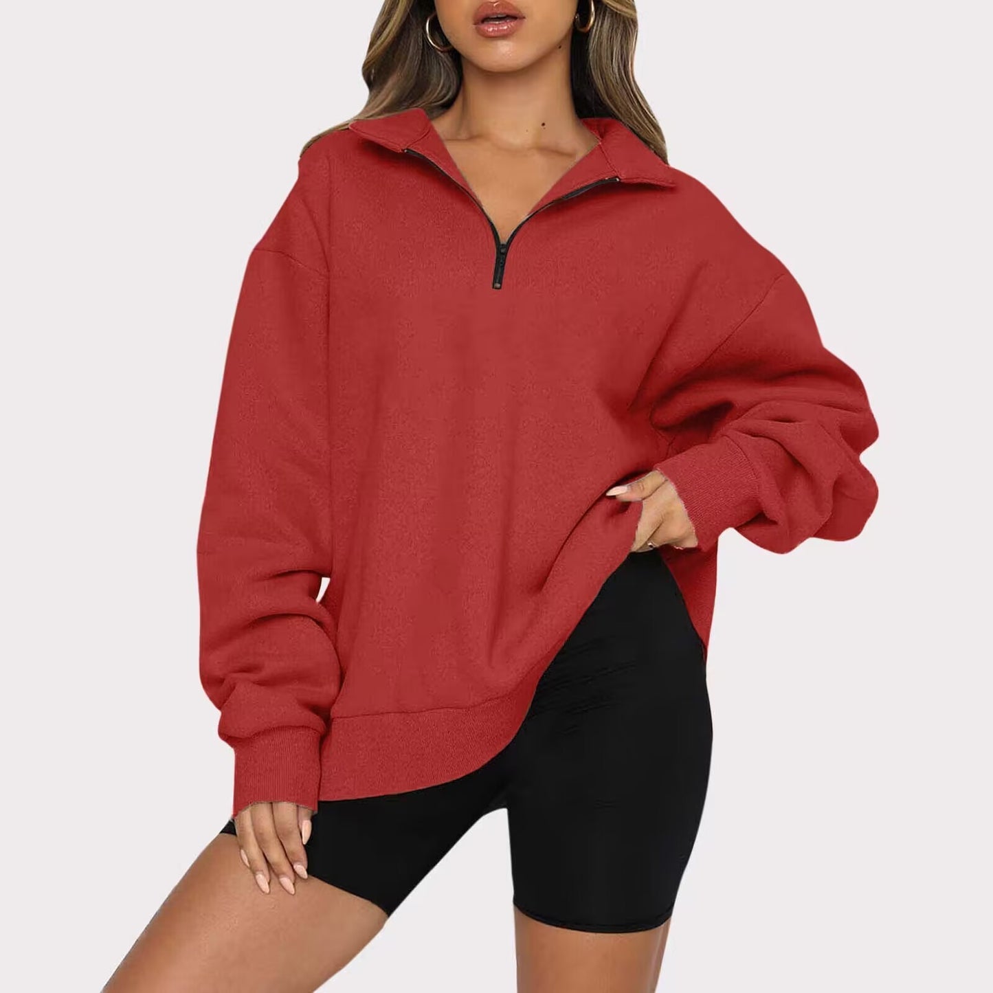 Sweatshirt Loose Femme à Col Zippé