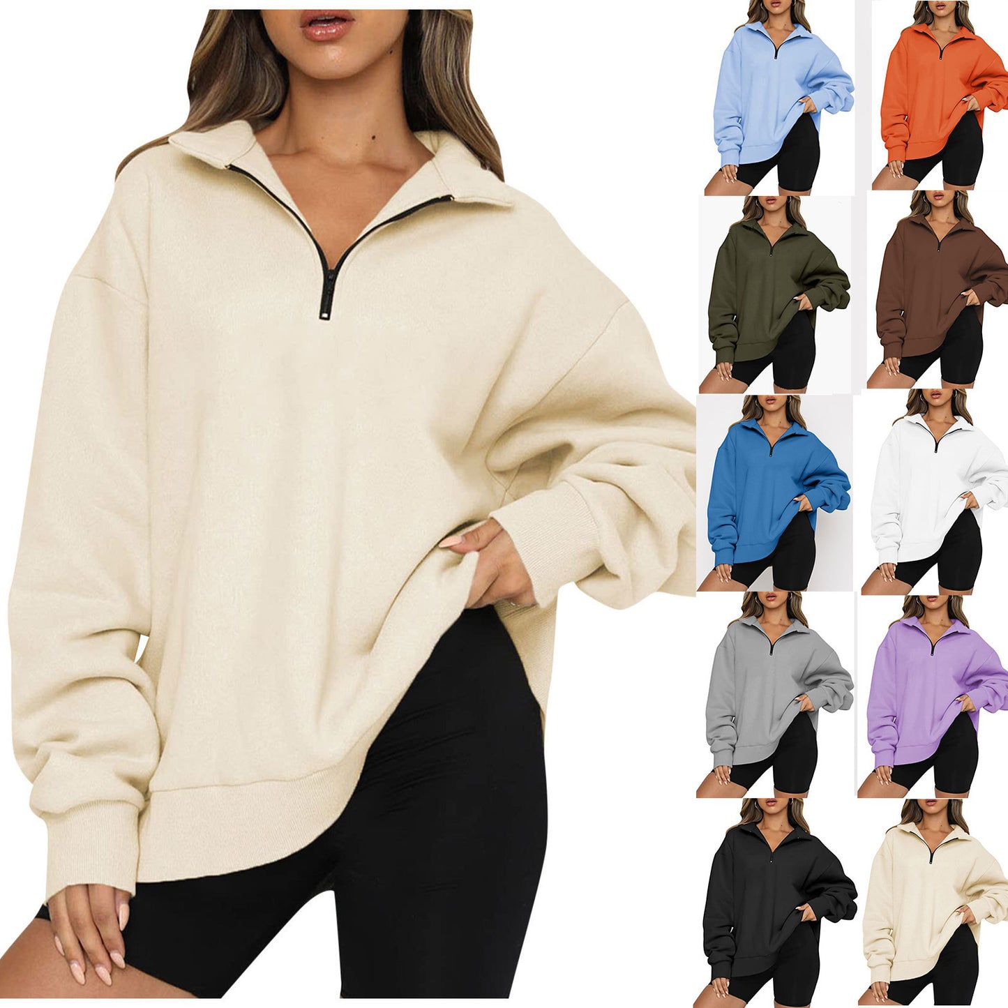 Sweatshirt Loose Femme à Col Zippé