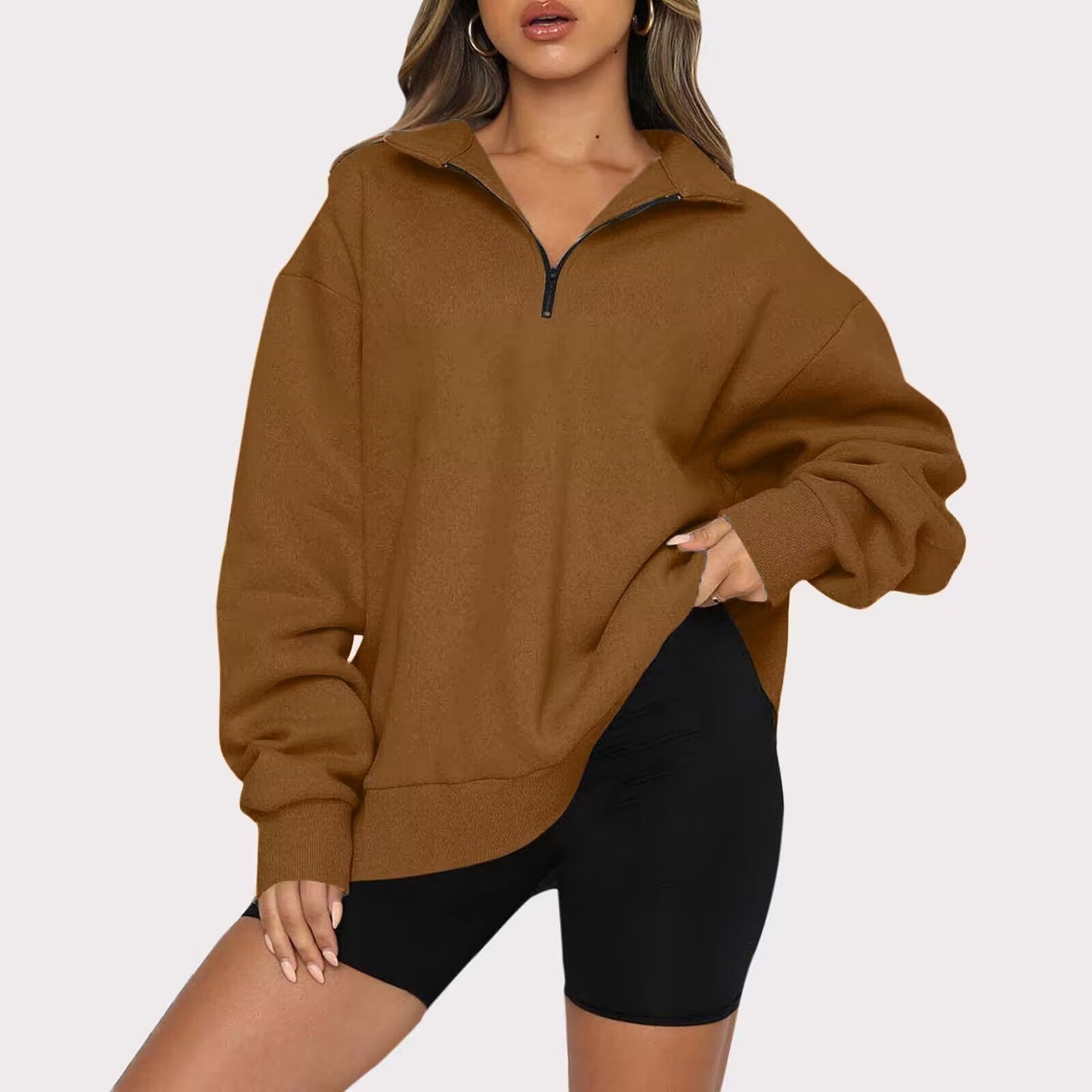 Sweatshirt Loose Femme à Col Zippé