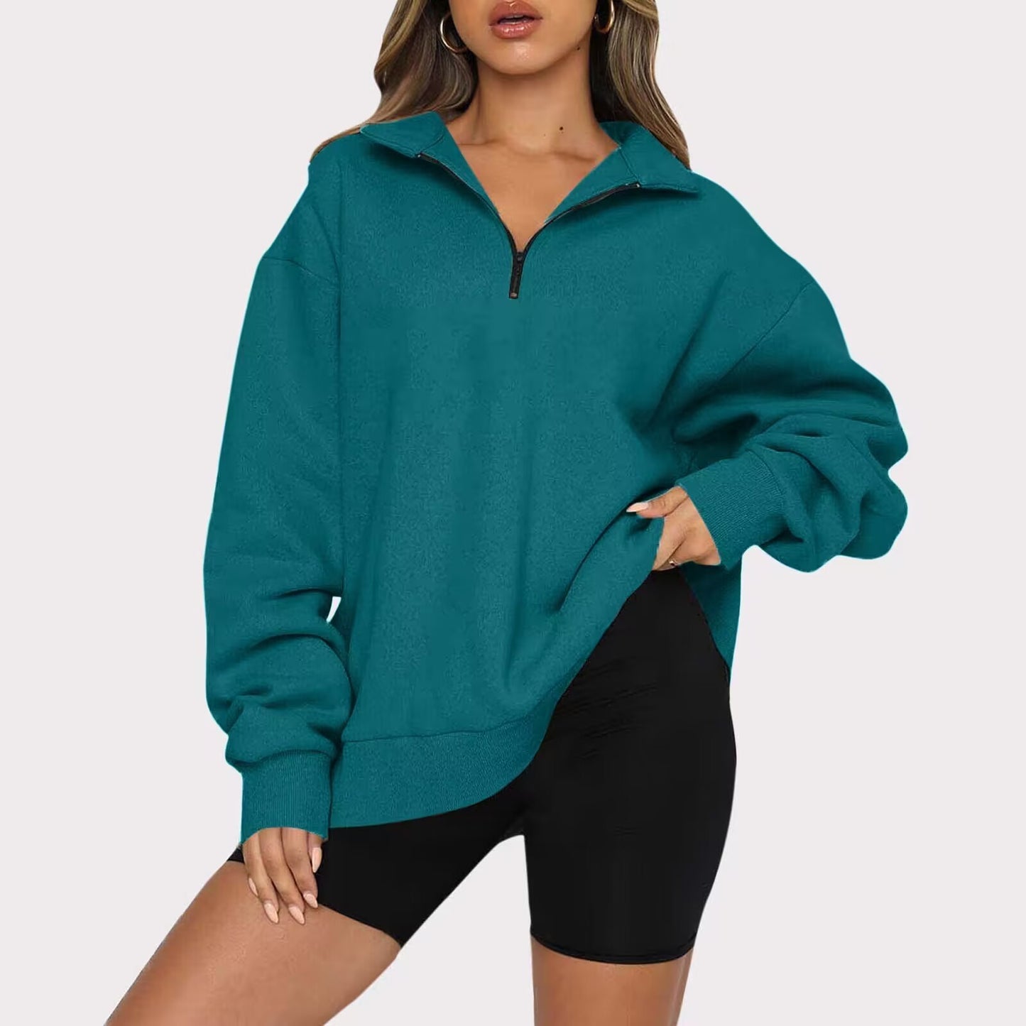 Sweatshirt Loose Femme à Col Zippé